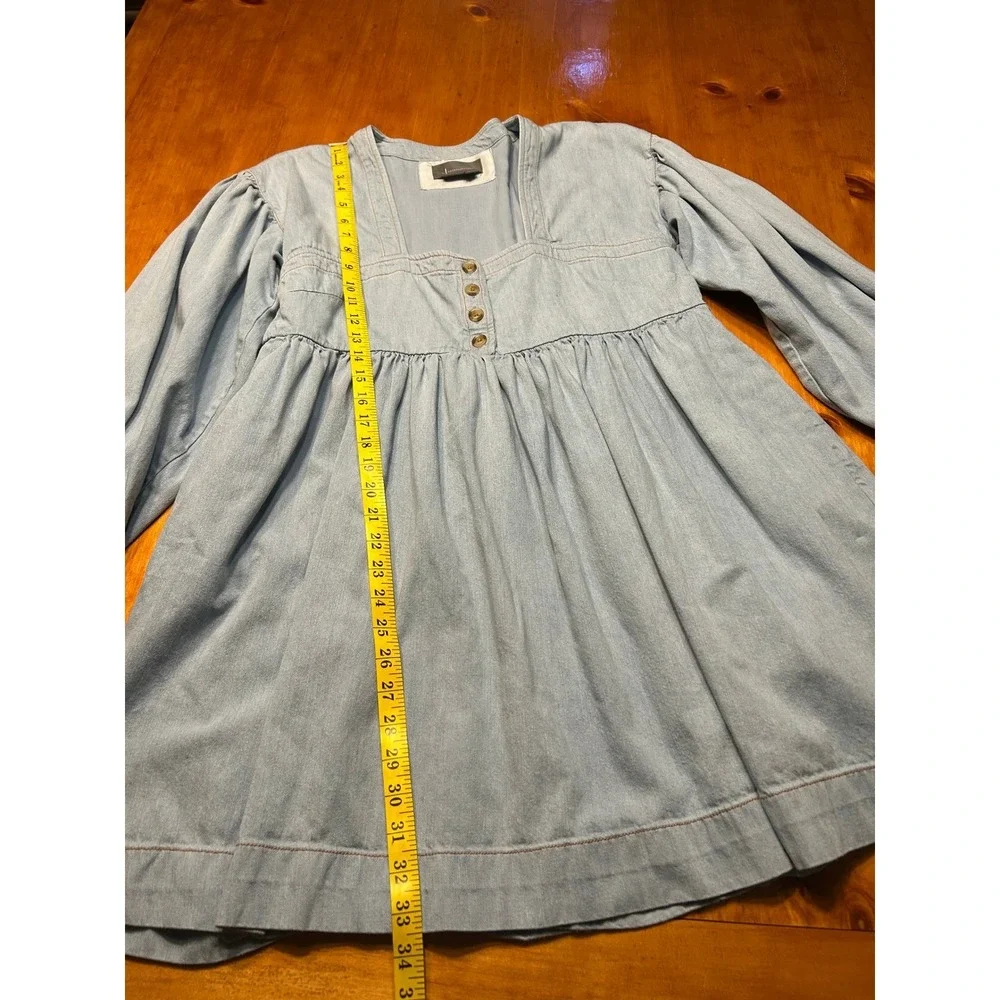 Anthropologie Cottagecore Babydoll‎ Light Wash Denim Mini Dress Puff Sleeve Boho - Picture 4 of 12